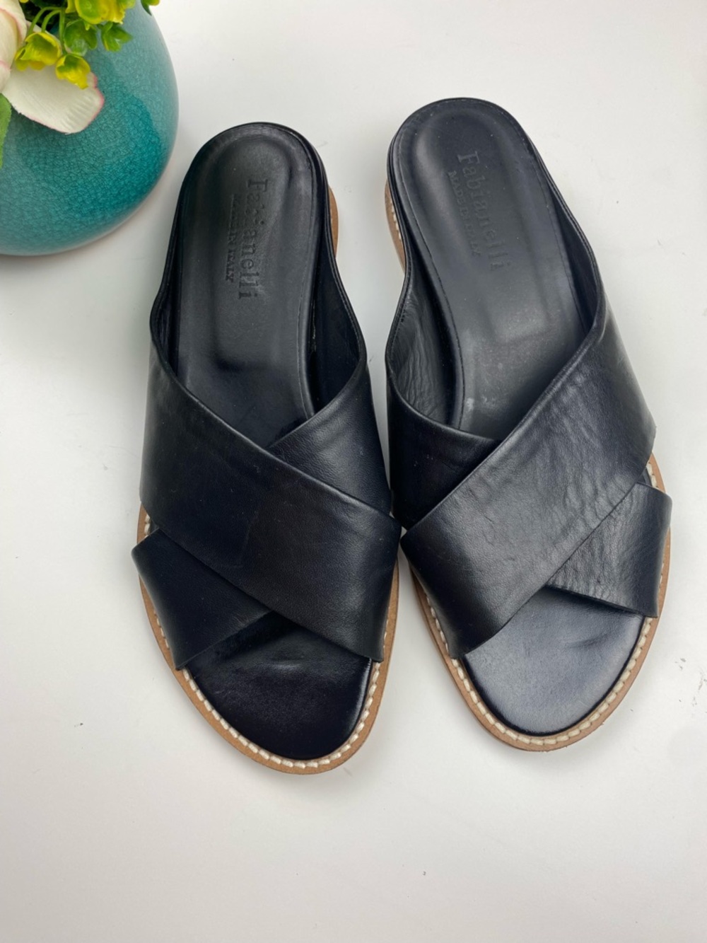 Fabianelli Women's Sandals Made In Italy Slides Black Sandals Size 37/7